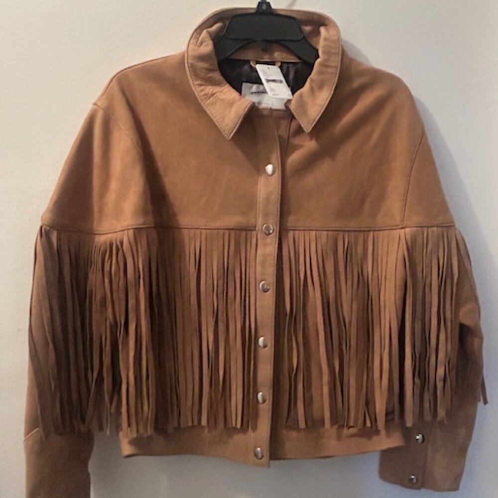 Free People UNDERSTATED Leather Tan Suede Mustang Fringe Snap Cropped Jacket NEW
